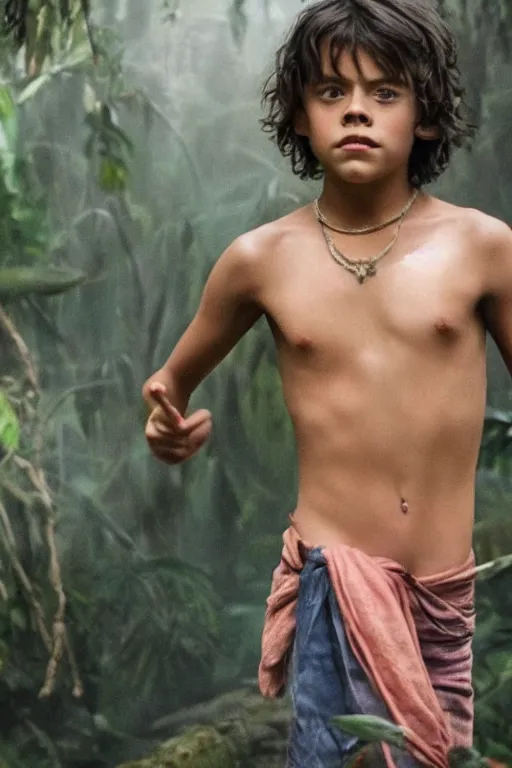 Prompt: young harry styles plays mowgli in the live action adaptation of the jungle book, 3 5 mm photography, highly detailed, cinematic lighting, 4 k