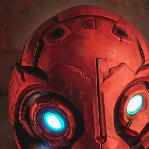 Image similar to doom slayer's helmet from doom eternal, photography