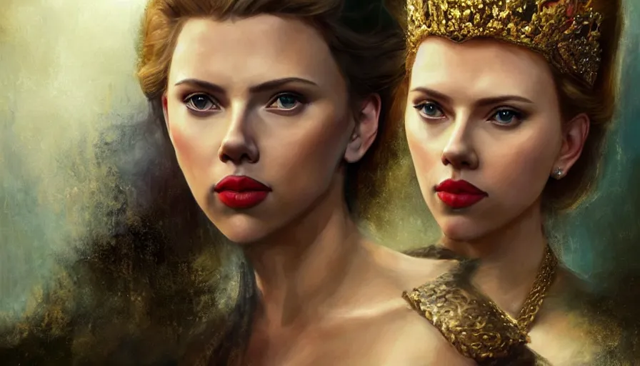 Prompt: scarlett johansson as a stately queen, fantasy, oil painting, concept art