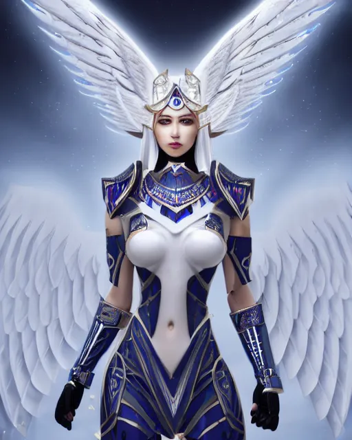 Image similar to perfect ornate white haired attractive egyptian goddess with huge white dove wings, warframe armor, beautiful, symmetric, dreamy, half asian, pretty face, blue eyes, detailed, scifi platform, laboratory, experiment, 4 k, ultra realistic, epic lighting, android body, illuminated, cinematic, masterpiece, art by akihito tsukushi, voidstar