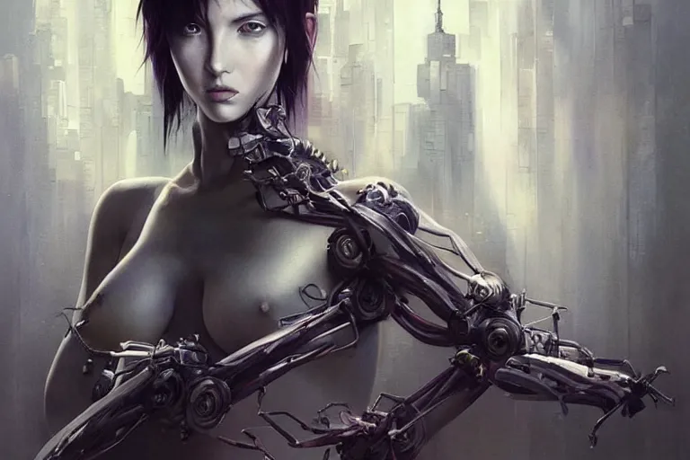 Image similar to a portrait of female mechine from ghost in the shell,by Stanely Artgerm,Tom Bagshaw,Andrei Riabovitchev,aaron horkey,Greg Rutkowski,trending on pinterest,full of color,luxury,mythological,sacred,religious,ultra realistic,high detail,concept art,golden ratio,cinematic lighting H 768