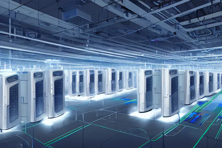 Prompt: robot data center with many servers, by m. w. kaluta, makoto shinkai, highly detailed digital painting artstation concept art, smooth, sharp focus
