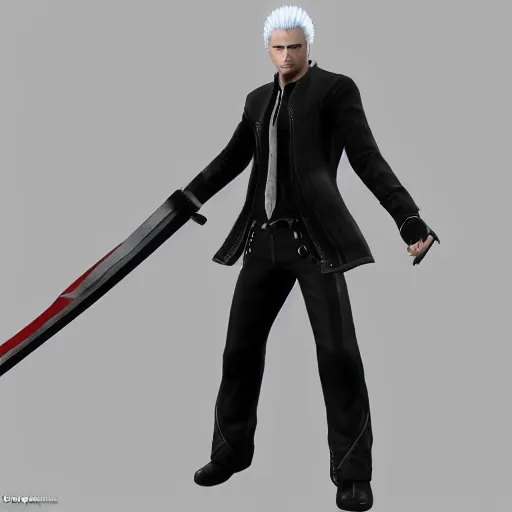 Image similar to Vergil from Devil may cry, 3d character model, white background, 3d render