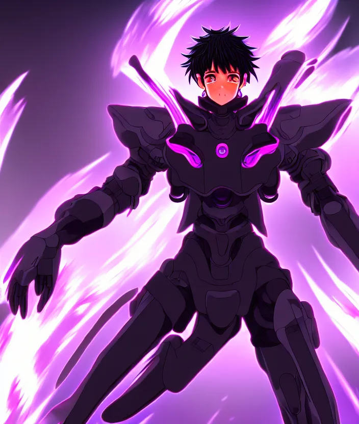 Image similar to a detailed manga illustration character full body portrait of a dark haired cyborg anime man wreathed in purple fire, trending on artstation, digital art, 4 k resolution, detailed, high quality, sharp focus, hq artwork, insane detail, concept art, character concept, character illustration, full body illustration, cinematic, dramatic lighting