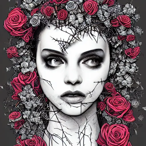 Image similar to the anatomy of a head of thorns with roses that resemble a beautiful woman, an ultrafine detailed illustration by james jean, intricate linework, bright colors, final fantasy, behance contest winner, vanitas, angular, altermodern, unreal engine 5 highly rendered, global illumination, radiant light, detailed and intricate environment
