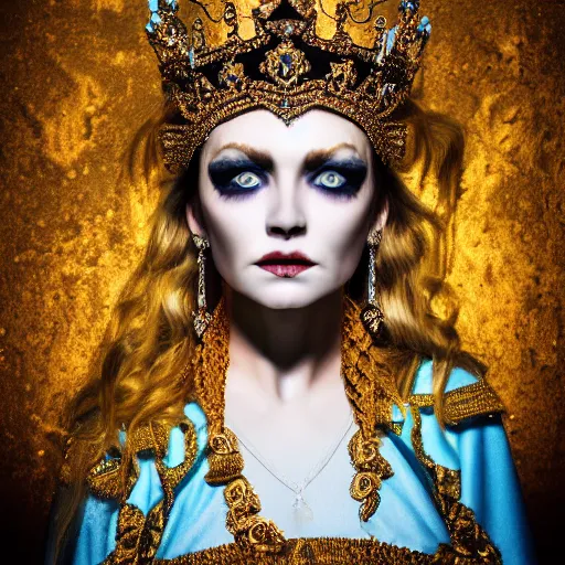 Prompt: a photograph portrait of an ornate golden queen with ice blue eyes, photo-realistic, icy, skeletal, horror