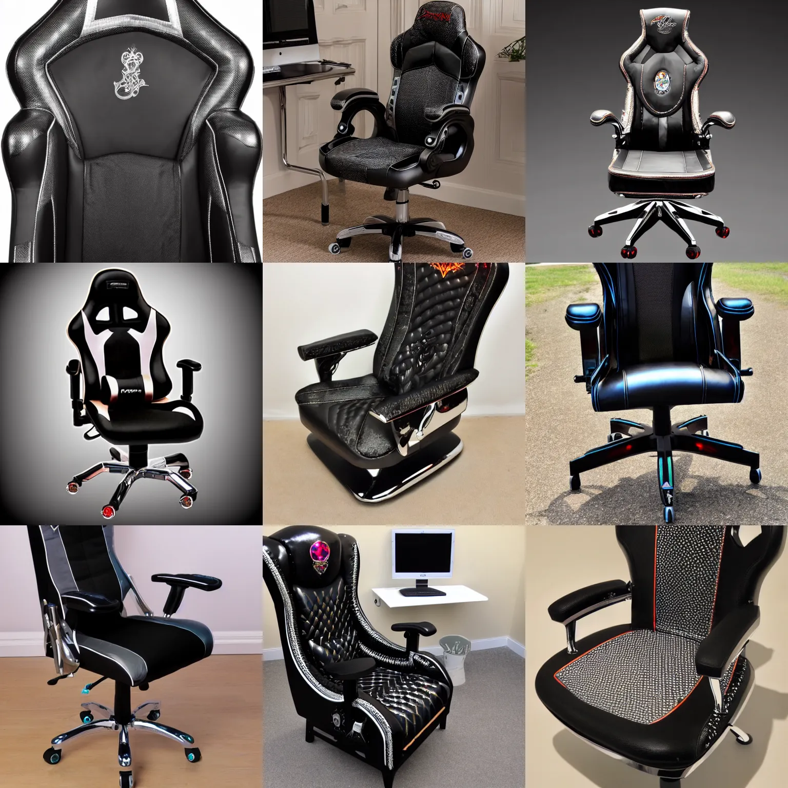 Prompt: detailed and intricate chrome and Black fire opal queen Anne style gaming chair