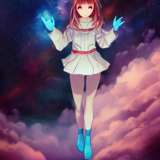 Image similar to over the cloud there is a cosmic girl A young female looks like kasumi arimura with wolor explosion background trending on artstation and twitter by Krenz Cushart, trending on pixiv, Colorful astronaut, flowing robe, floating , colorful nebula, derelict space ship, science fiction spaceman, space, futuristic spacesuit, cover art, cinematic, highly detailed, strong line work, Alphonse Mucha, John Harris, 4k render, 4k post, hyper detailed