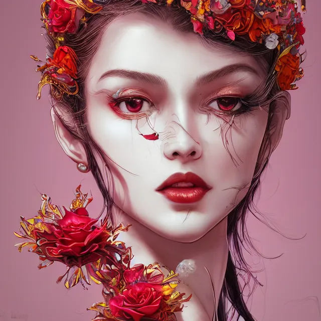 Image similar to an absurdly beautiful, elegant, young hypercolorful sensual gravure idol partially made up of rubies and red petals, ultrafine hyperrealistic detailed face illustration by kim jung gi, irakli nadar, intricate linework, sharp focus, bright colors, matte, octopath traveler, final fantasy, unreal engine highly rendered, global illumination, radiant light, intricate environment