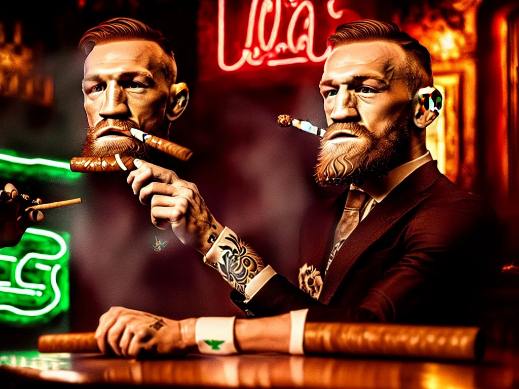 Prompt: a intricately detailed portrait of conor mcgregor smoking a cigar in an irish pub with a neon bar, trending on art station, in the style of the movie heat, volumetric lighting & shadows, hyper detailed, digital art, unreal engine, 4 0 0 mm f 1. 8,