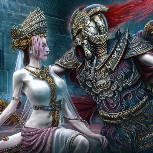 Image similar to the marriage between a death god and a war goddess in the style of high urban fantasy Hyper detailed Hyper Photorealistic High Resolution HD 8k post-processing