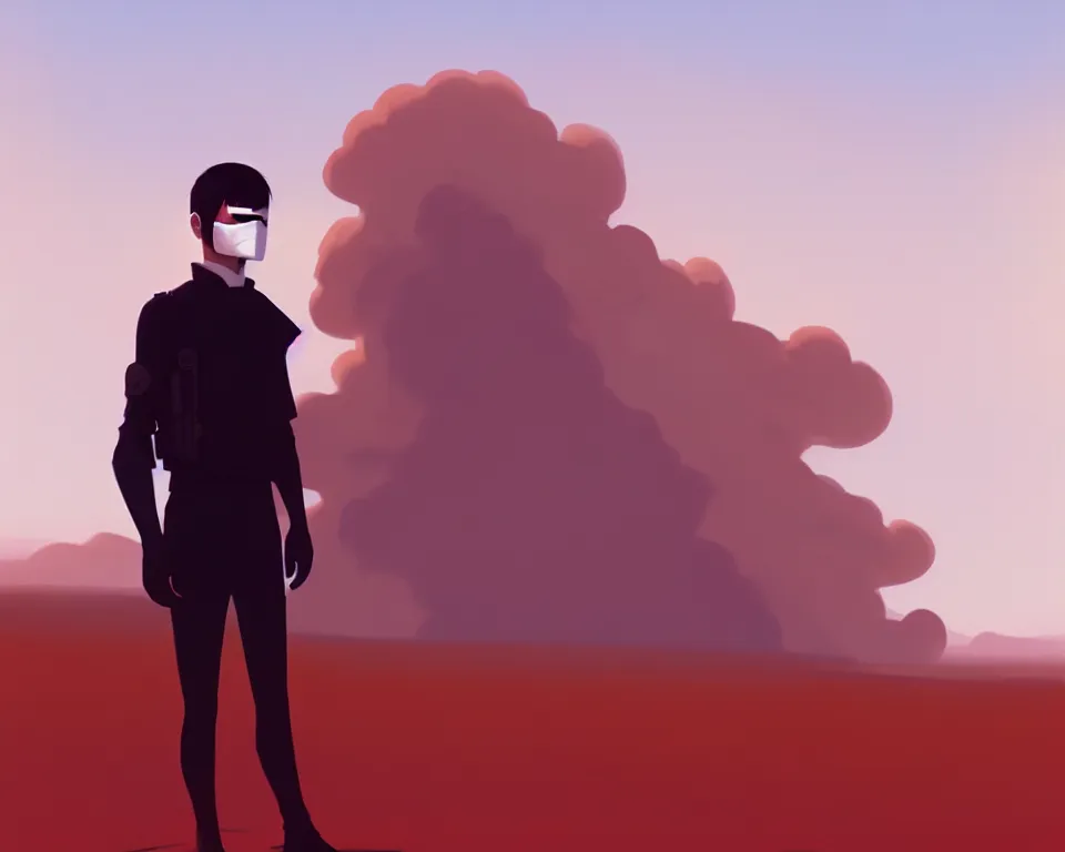 Prompt: white masked man in front of burning desert, by ilya kuvshinov, greg rutkowski and makoto shinkai, trending on artstation