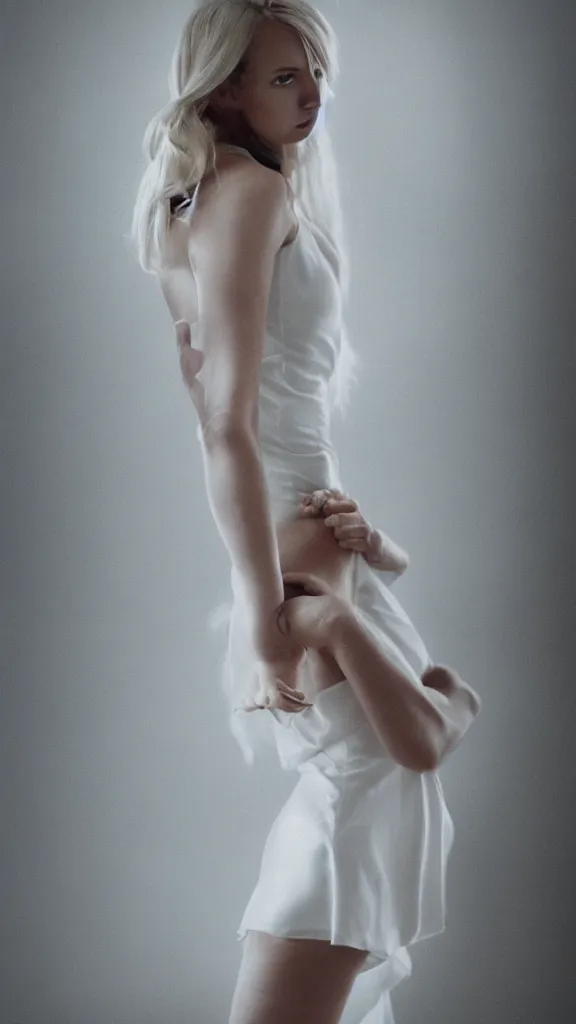 Image similar to emily skinner cosplaying annie leonhart in open toe heels in a white dress in a white room, beautiful face, pale skin, rule of thirds, cinematic lighting, rainy weather, melancholy atmosphere, sharp focus, backlit, stunning, model agency, smooth, hard focus, full body shot, instagram photo, shot on sony a 7 iii, hyper realistic,