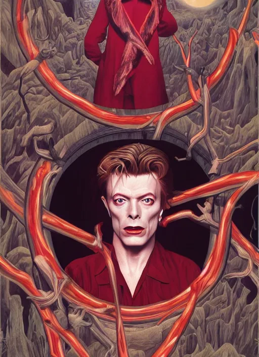 Image similar to twin peaks poster art, portrait of david bowie lost in the labyrinth of the red room, other dimension, this is his fate for the next two years, by michael whelan, rossetti bouguereau, artgerm, retro, nostalgic, old fashioned