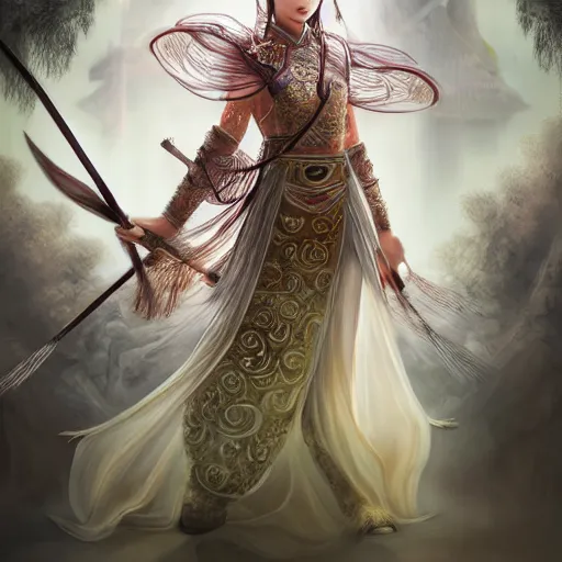 Image similar to beautiful ancient fantasy portrait of wuxia armor heroine, wearing Xian Xia wardrobe, in forbidden City, hybrid from Dynasty Warriror, flowers sea rainning everywhere, intricate, very very beautiful, elegant, highly detailed, digital painting, beautiful glowing galaxy eyes, human anatomy, hyperrealistic, soft light, dynamic, artbreeder, artstation, fantasy concept art, smooth, sharp focus, illustration, art by alphonse mucha and tian zi and WLOP