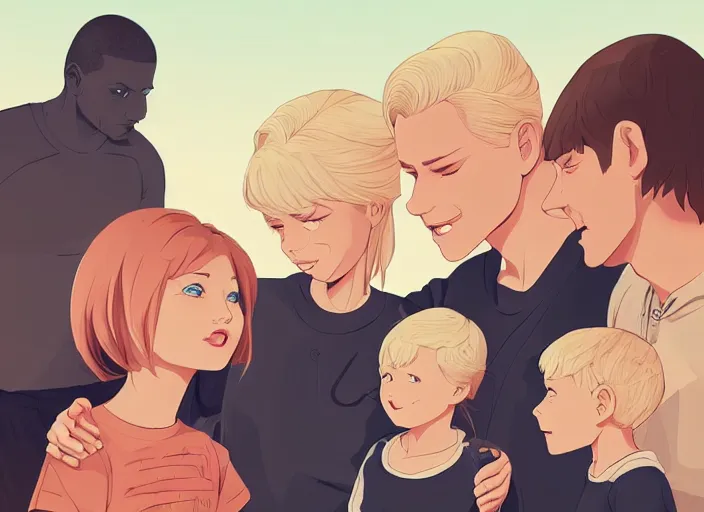 Image similar to a family. a mother, a father, and two children, all with blonde hair. clean cel shaded vector art. shutterstock. behance hd by lois van baarle, artgerm, helen huang, by makoto shinkai and ilya kuvshinov, rossdraws, illustration, art by ilya kuvshinov