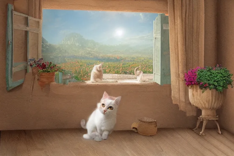 Image similar to a very very very very detailed matte painting of Cute Cat sitting in center of Provence style Room,