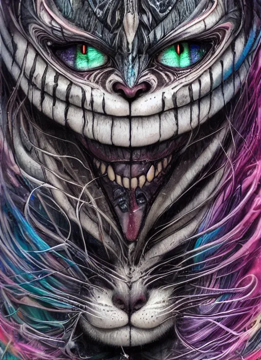 Prompt: cheshire cat, polynesian god, half skull half face, highly detailed, cinematic, 8 k, by megan duncanson, benjamin lacombe, adrian borda, stanley artgermm, tom bagshaw, craig mullins, carne griffiths, ayami kojima, beksinski, giger, trending on deviantart, hyper detailed, horror, full of colour