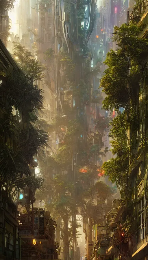 Image similar to hyper realistic cyberpunk city, overtaken by lush plants, gnarly trees by tom bagshaw, mucha, gaston bussiere, craig mullins, j. c. leyendecker 8 k