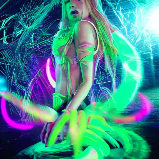 Image similar to full body pose, hyperrealistic photograph of a beautiful rave woman, glowsticks, dim volumetric lighting, 8 k, octane beautifully detailed render, extremely hyper detailed, intricate, epic composition, cinematic lighting, masterpiece, trending on artstation, very very detailed, stunning, hdr, smooth, sharp focus, high resolution, award, winning photo, dslr, 5 0 mm