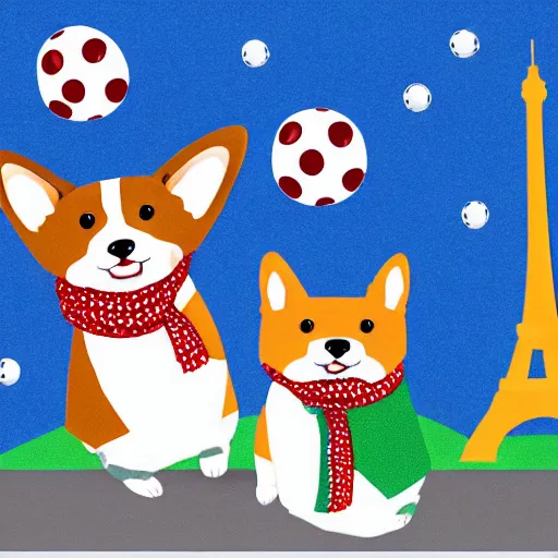 Image similar to illustration of boy playing football with his polkadot scarf wearing corgi on the streets of paris