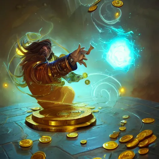 Image similar to thick golden coin spell, thick gold coin, floating golden coin, gold coin, floating coin, tossing a coin, bright masterpiece artstation. 8 k, sharp high quality artwork in style of jose daniel cabrera pena and greg rutkowski, concept art by tooth wu, blizzard warcraft artwork, hearthstone card game artwork