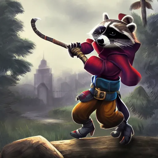 Image similar to raccoon rogue escaping a mansion he robbed, cinematic, detailed, d & d, colorful, hyperrealistic, trending on artstation