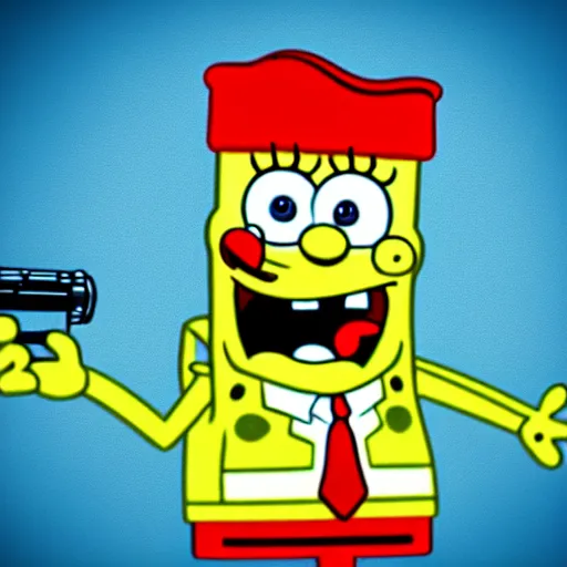 Image similar to high detail full body shot of spongebob squarepants shooting a machine gun with muzzle flash, cinematic framing, cinematic light, hard shadows,