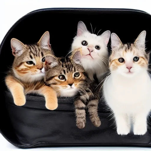 Image similar to a highly detailed photo of multiple furry cats, they are inside a big handbag, black background, studio lighting, 4 k, 8 k