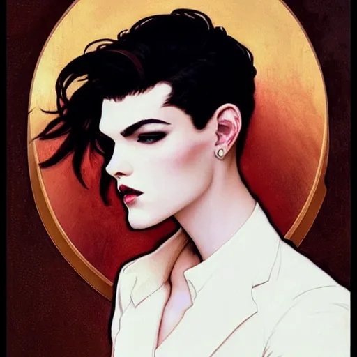 Image similar to beautiful portrait of androgynous ruby rose as desire from sandman in a white tuxedo!!!, rockabilly style, by alphonse mucha, cedric peyravernay, by jeremy mann, by frank moth, white suit and black tie, soft lightning, high detailed, 8 k