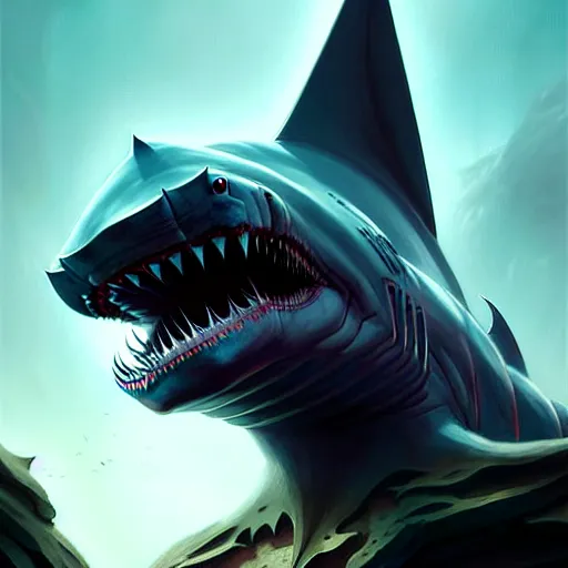 Image similar to professional ominous concept art portrait of a shark - human chimera character by artgerm and greg rutkowski. an intricate, elegant, highly detailed digital painting, concept art, smooth, sharp focus, illustration, in the style of simon stalenhag, wayne barlowe, and igor kieryluk.