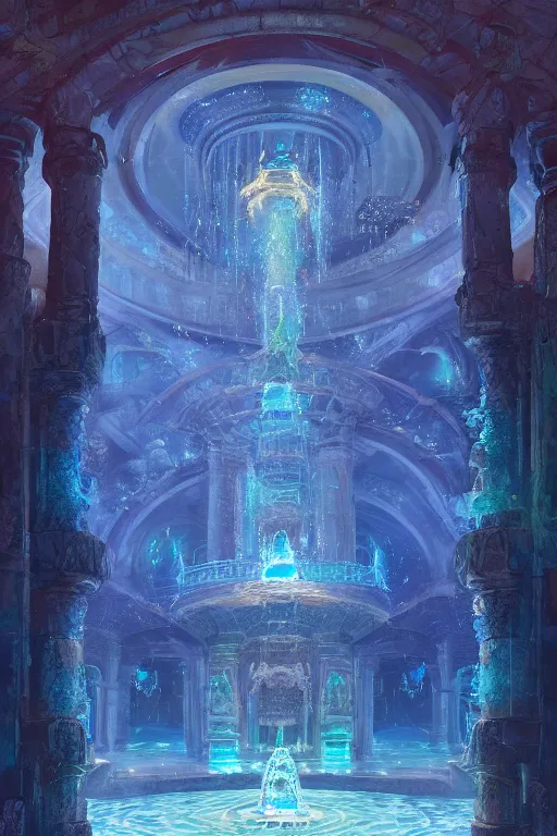 Prompt: inside of an atlantis palace, bioluminescent light, fountain, crystals, intricate, elegant, volumetric lighting, digital painting, highly detailed, artstation, sharp focus, illustration, concept art, ruan jia, steve mccurry