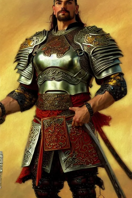 Image similar to attractive beefy male with armor, cloisonnism, ancient china, three kingdoms, character design, painting by gaston bussiere, craig mullins, j. c. leyendecker, tom of finland