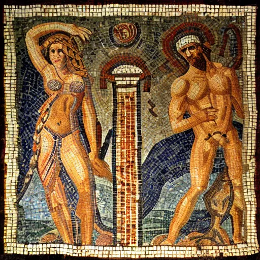 Prompt: a beautiful roman mosaic of adam, eve and the serpent by michaelangelo, rome, 1 0 0 ad