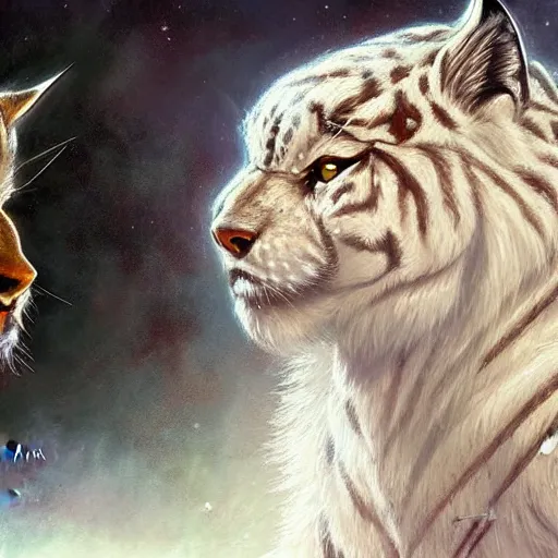 Prompt: white anthropomorphic lynx and anthropomorphic tiger by Les Edwards and Noriyoshi Ohrai, art, fantasy style, 4k, trending on artstation