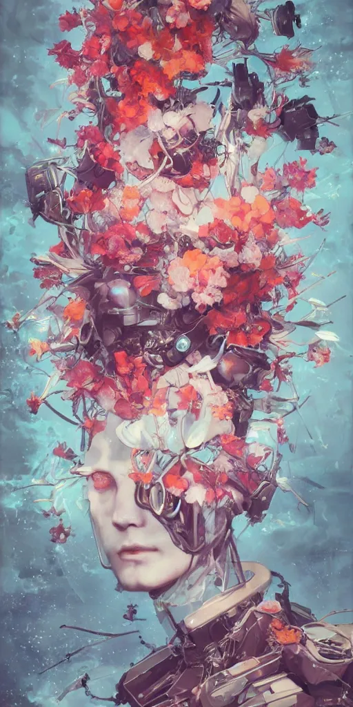 Prompt: surreal gouache painting, by yoshitaka amano, by ruan jia, by conrad roset, by kilian eng, by good smile company, detailed anime 3 d render of a mechanical android head with flowers growing out, portrait, cgsociety, artstation, modular patterned mechanical costume and headpiece, retrowave atmosphere