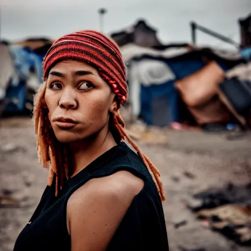 Image similar to photographic portrait of a poor streetwear woman in distress, a futuristic shanty town burns in the background, closeup, sigma 85mm f/1.4, 4k, depth of field, high resolution, 4k, 8k, hd, full color