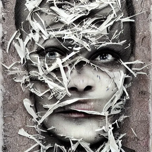 Image similar to multiple faces shredded like paper news scared, dark horror, surreal, drawing, painting,