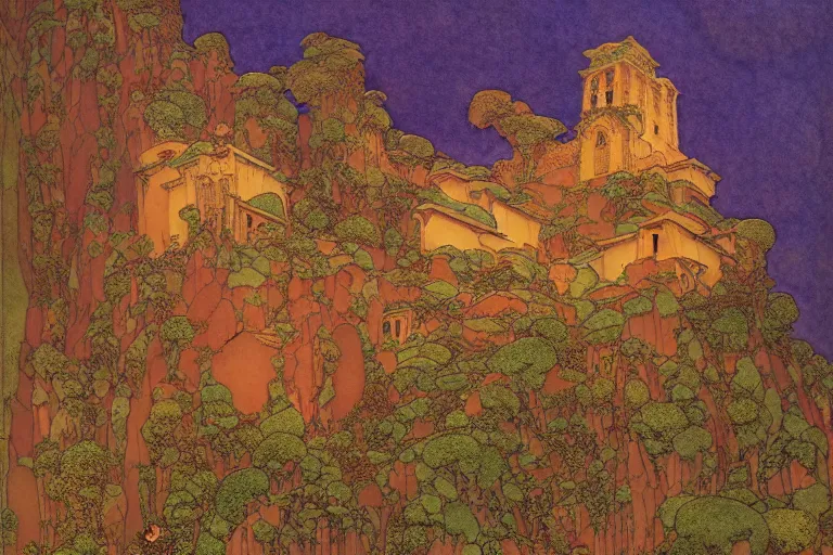 Prompt: ancient temple on a mountainside at dawn | by Edmund Dulac and Maxfield Parrish and Nicholas Roerich and Donato Giancola | ornate carvings| climbing vines| rich color | dramatic cinematic lighting | extremely clear and detailed