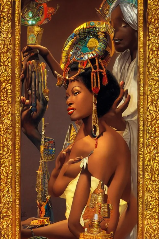 Prompt: an african goddess queen in a temple by gil elvgren and norman rockwell and rob gonsalves and hajime sorayama, hyperrealistic, high detail