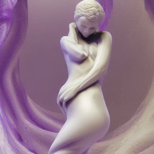 Prompt: 3 d fluid simulation render, octane render, xparticles, white colors, female bodies, white carved abstract sculpture, amethyst mineral quartz, swirly curls, abstract white fluid,