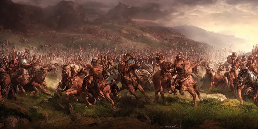 Prompt: Caesar leading roman legions over hills into battle, stunning lighting, beautiful scenery, digital painting, 4k