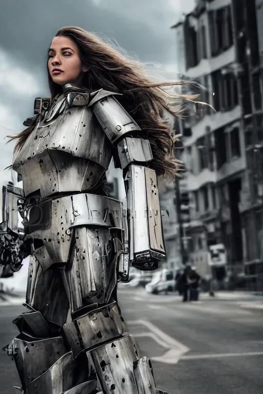 Image similar to portrait cinematography of beautiful young female, clothed in sci-fi military armor, long hair blowing in the wind. Giant mechs in the street. by Anita Sadowska