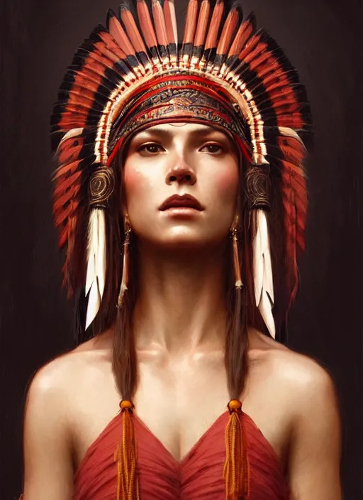 Image similar to gorgeous redskin woman wearing headdress, intricate, elegant, highly detailed, artstation, concept art, smooth, sharp focus, illustration, art by greg rutkowski and stefan kostic and bouguereau