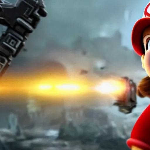 Image similar to emma watson as super mario super mario in gears of war destiny 2, splash art, movie still, cinematic lighting, dramatic, octane render, long lens, shallow depth of field, bokeh, anamorphic lens flare, 8 k, hyper detailed, 3 5 mm film grain