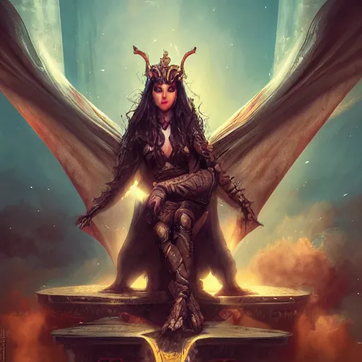 Prompt: A stunning comic book style portrait painting of a dragon goddess sitting on her throne, in the style of WLOP, 8k masterpiece, cinematic lighting, dynamic lighting, pristine and clean design, high fantasy, CGSociety, insanely detailed, atmospheric, matte painting,