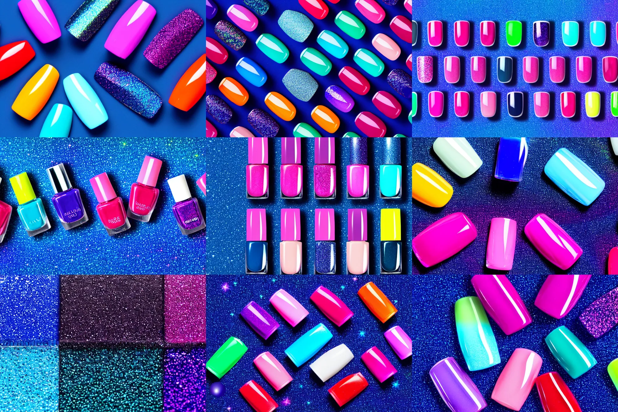 Prompt: a row of colorful nail polishes on a dark blue background, swatches, promotional image, inspired by lisa frank, behance, holography, irridescent, iridescent, glitter