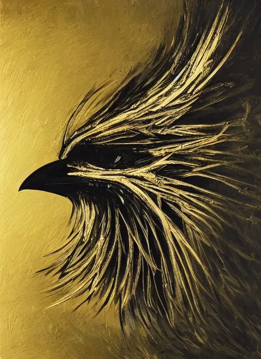 Image similar to crow shape, award - winning painting, abstract, gold and silver colors,, elegant, luxurious, beautiful, lovecraftian, beksinksi, chiaroscuro