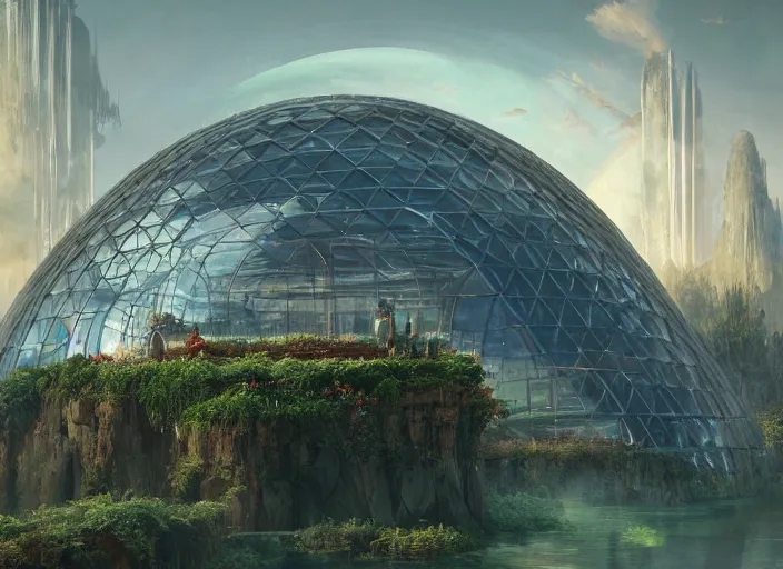 Image similar to highly detailed digital matte painting of a beautiful biodome, by Raphael LaCoste and Ruan Jia and Robert McCall, postcyberpunk, geodesic dome, hyperdetailed, sunrise, wide shot, autochrome, octane render