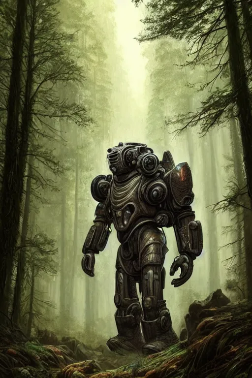 Image similar to a mammoth wearing futuristic power armor in a forest, fantasy, intricate, highly detailed, digital painting, HQ, trending on artstation, illustration, style of Stanley Artgerm and Greg Rutkowski and Dan Mumford